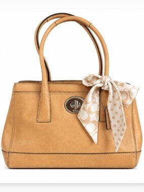 Coach Vintage Madeline Tan Leather Handbag Turnlock w/Scarf Y2K